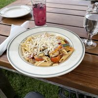 Pasta primavera and an Non-Alcoholic blueberry mojito (except they were out of mint),  but it was still fantastic!  at Jordan Pond House in Mount Desert Island
