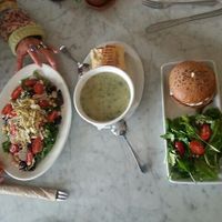 Salad, soup and Hash burger at Freesoulcaffe in Tustin