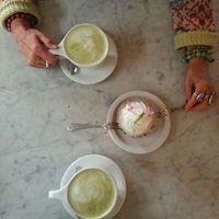Key lime pie and Matcha latte with almond mylk at Freesoulcaffe in Tustin
