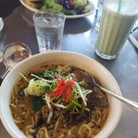 We had the miso Ramen and portobello 🥪 and a bowl of asparagus soup at Freesoulcaffe in Tustin