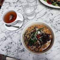 Mushroom ramen noodles and jasmine tea at Freesoulcaffe in Tustin