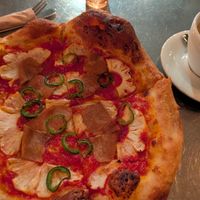 Hawaiian pizza with jalapenos and chamomile tea at Freesoulcaffe in Tustin