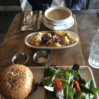Carrot soup, Cauliflower app, and Truffle burger at Freesoulcaffe in Tustin