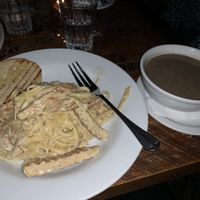 Fettuccini with vegan chickin (plus the soup of the day, which was a mushroom soup) at Freesoulcaffe in Tustin