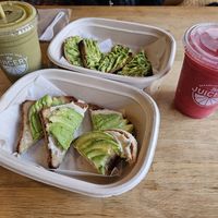 Faster than light smoothie, cashew later toast, green toast, sweet heat smoothie at The Juicery in Salem