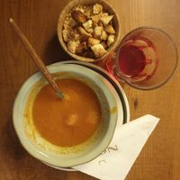 Tomato soup, croutons and Rose water. Yummy at Noja in Prizren