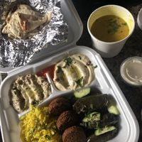 Vegetarian plate with no spanakopita, extra falafel and a side of lentil soup at Yafa Cafe in Overland Park