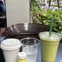 Green smoothie, ginger shot, americano at SoBe Vegan in Miami Beach