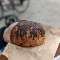 Chocolate bun with custard cream inside at Landbageriet - Naturbageriet in Copenhagen