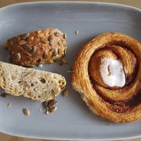 Pumpkin seed bread and Danish pastry at Landbageriet - Naturbageriet in Copenhagen