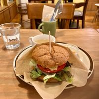 Hummus hamburger. Buns are not my favorite🙄  at Modernark in Kobe