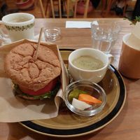 Vegan burger with soup and veges at Modernark in Kobe
