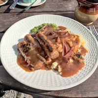 Sausage, mash and mushy peas at The Tor Cafe in Cromford