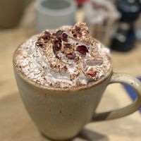 Hot chocolate with cherry syrup and cream  at Figaro in Wingerworth