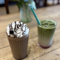 Vegan chocolate ice cream milkshake & Strawberry matcha latte.    at Figaro in Wingerworth