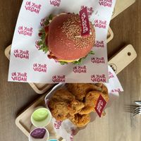 Classic burger and KFV fried mushrooms  at I'm Your Vegan in Chiang Mai