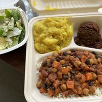 Chili (vegan) cheezy potatoes, salad, and chocolate Halava   at Krishna Lunch in Gainesville