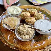 Courgette muffins with (from left): coconut butter, shushujam, hummus, cashew cream  at The Seedling Vegan Kitchen at Old Joe's Kaia in Nelspruit