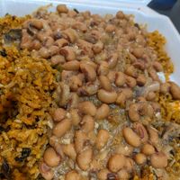 Lucky Black eyed peas, over shrymp fried rice. Brings good fortune for the New Year? at Kales Kitchen  in Houston