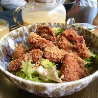 Warm salad with beetroot fried with breadcrumbs, hazelnuts and tofu sauce. Fantastic! at Azaza in Tula