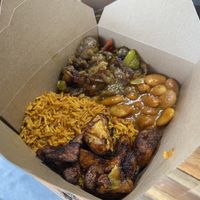 Aubergine stew, butterbean curry, rice and fried plantain in the big size   at The African - Food Stall in Milton Keynes