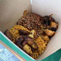 Black eyed bean stew, sweet potato curry, rice and fried plantain in big size   at The African - Food Stall in Milton Keynes