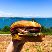 Classic burger with vegan cheese added at Curbside Comforts in Gorham