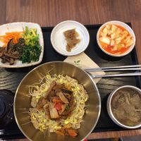 Bibimbap! Complete with Soy meat, veggies, and sauce to add in the bowl. Delicious! at Loving Hut in Daejeon