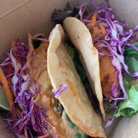 Shrimp and fish taco at Vegan Castle in Long Beach