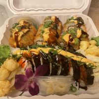 Spider roll (in front) and crunch roll  at Vegan Castle in Long Beach