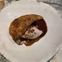 Desert! Ice cream with chocolate sauce and chips roasted with sugar and cinnamon.   #Veganuary at Hoy in Paris