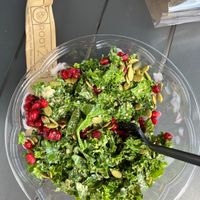 The Kale-Caesar salad. Four ingredients: Kale, pomegranate, pumpkin seeds, quinoa + amazing vegan dressing = perfection. at Root 2 Rise in Pleasantville