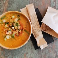 Mulligatawny soup (we got it medium spice it was perfect!) at Root 2 Rise in Pleasantville