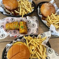 Vegan American burger (plain bun) and vegetarian American burgers (seeded bun) at Bunned in Dartmouth