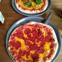 Top to bottom: Courgette/olive pizza, pepperoni pizza at Prezzo in Weymouth