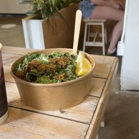 Caesar salad w turmeric latte  at Buddha-Full - Lonsdale in North Vancouver