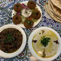 Baba ganouj, houmous, falafel and bread at Taza in Town in Edinburgh