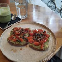 Avocado Basil Toast and Matcha Latte with almond milk at Stolia in Shkoder