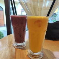 Berry smoothie (with almond milk) and orange and carrot juice at Stolia in Shkoder