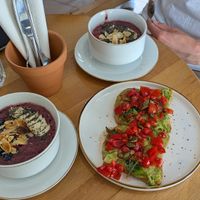 2 berry smoothie bowls & avocado toast at Stolia in Shkoder