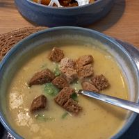 Loaded fries with seitan and fresh mustard soup: vegan at Strandpaviljoen Ballum in Ameland