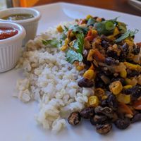 Black bean hash on brown rice at Two Sisters Play Cafe in Milwaukie