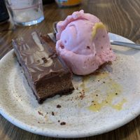 Vegan Salted caramel slice and raspberry sorbet   at Sand & Stone Kitchen in Broad Haven