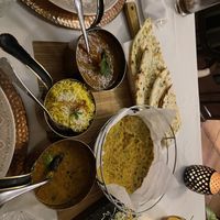 Curries, rice, naan, missi roti (chickpea flatbread)  at Masala Art in Podgorica