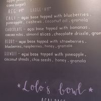 Bowls Menu. The soft server acai is vegan. Ingredients of the soft serve is at the top. at Lolo's Bowls in Libertyville