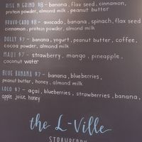 Smoothie menu. Dolly contains dairy yogurt. Bottom two have honey. Others are vegan as is. at Lolo's Bowls in Libertyville