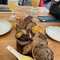Nibble Board: hummus, roasted cashew, olives, bread at Hendersons in Edinburgh