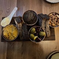 Nibbles platter (hummus, mushroom pate and olives)  at Hendersons in Edinburgh