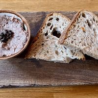 Pate: Edinburgh oyster mushroom + sour cherry molasses pate, balsamic pearls + sourdough  at Hendersons in Edinburgh