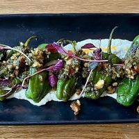 Padron peppers: Charred Padron peppers, ajo blanco, smoked almonds gremolata, urfa chilli oil + lemon wedge   at Hendersons in Edinburgh